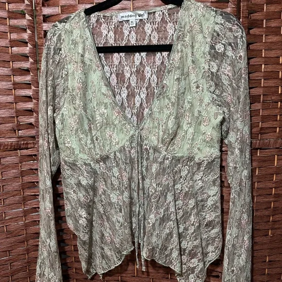madden girl Sage Green Lace Tie-Front Women's Floral Sheer Long Sleeve Blouse - Picture 1 of 5